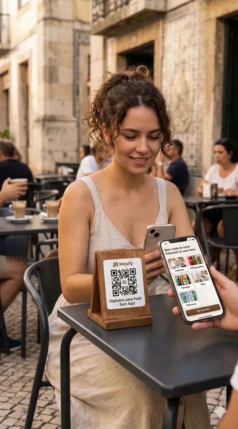 Interior de café português com pedidos no telemóvel