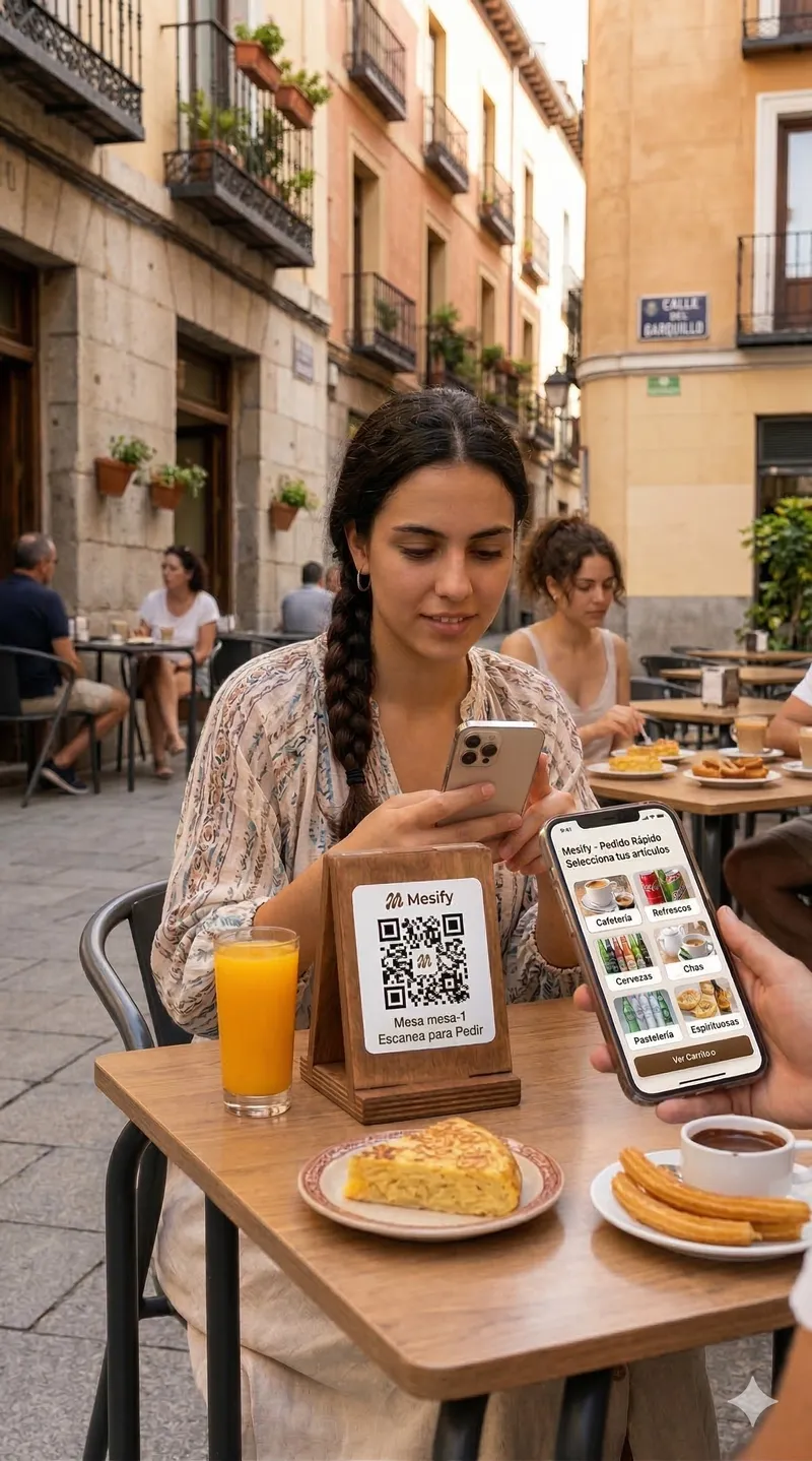 Cliente consultando el menú en el móvil en una cafetería