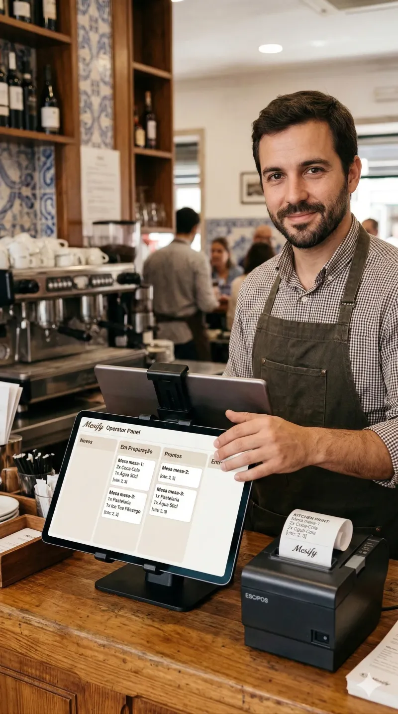 Staff member managing orders on a computer with Mesify